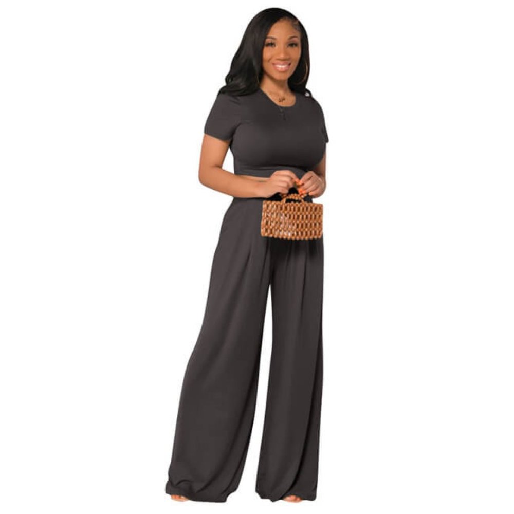 Black Royal Solid Color Top & Leg Wide Trousers Two Piece Set